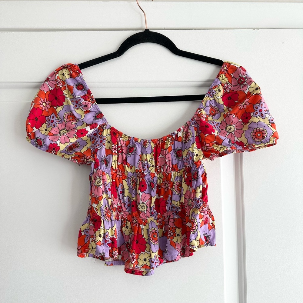 Pie in The Sky Red, Purple and Yellow Multicolor Floral Puff Sleeve Crop Top